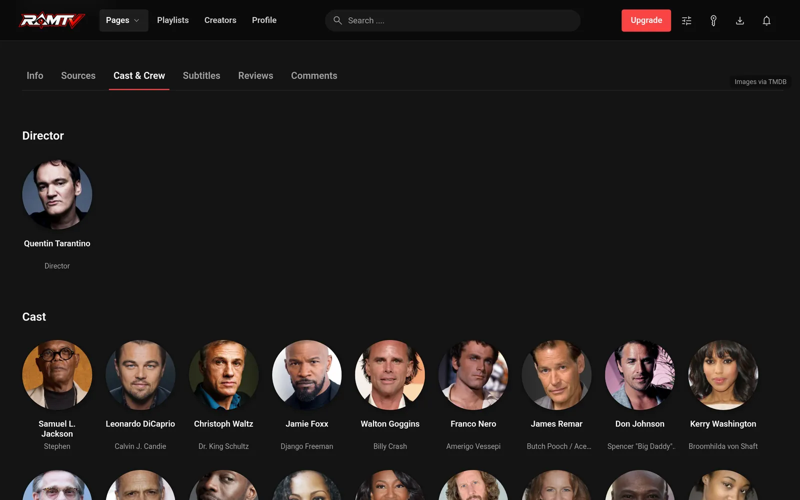 RamTV cast and crew tab with character names