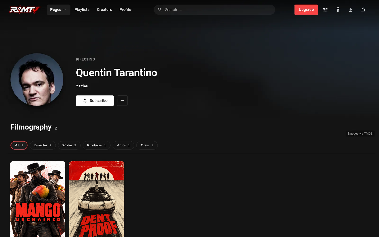 RamTV person page with filmography filtered by role