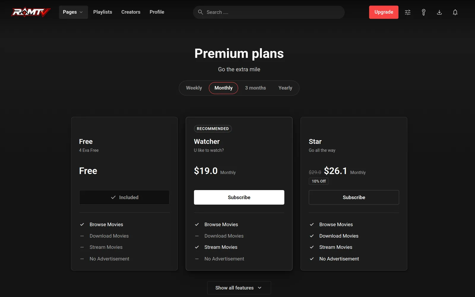 RamTV subscription plans page