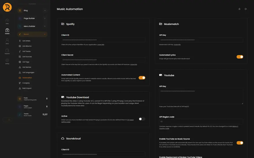 RKHM admin: Spotify, Musixmatch, YouTube and SoundCloud automation settings