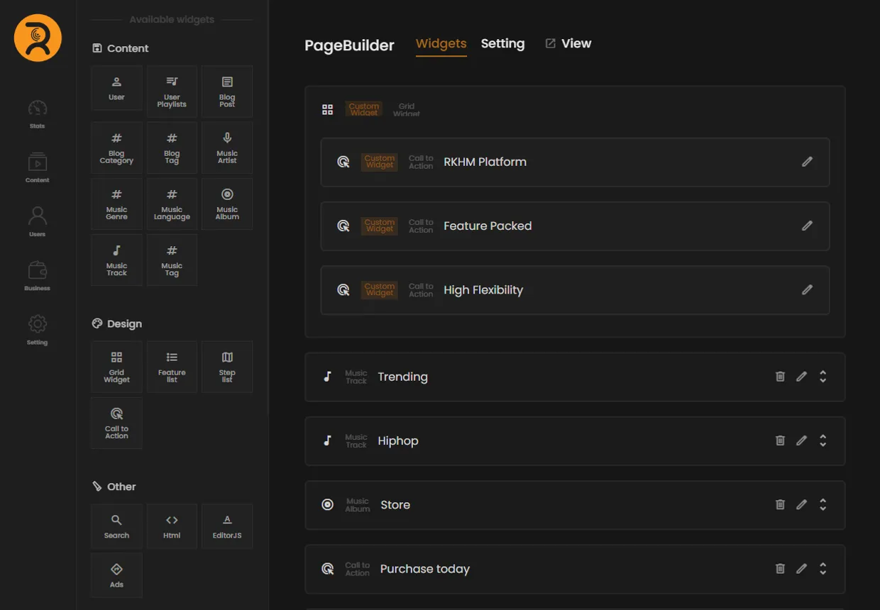 PageBuilder: content, design and other widgets beside the page's widget list